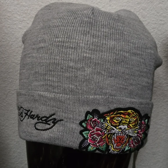Ed Hardy Gray Beanie with Tiger and Rose Embroidery - Picture 5 of 5